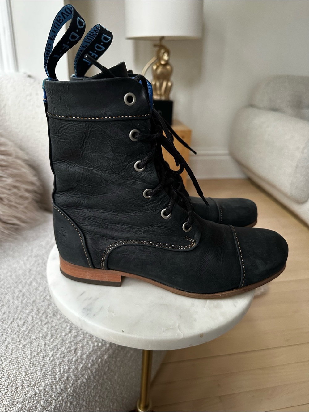 JOHN FLUEVOG Radio BBC Blue and Black Leather lace-up BOOTS - Picture 9 of 10